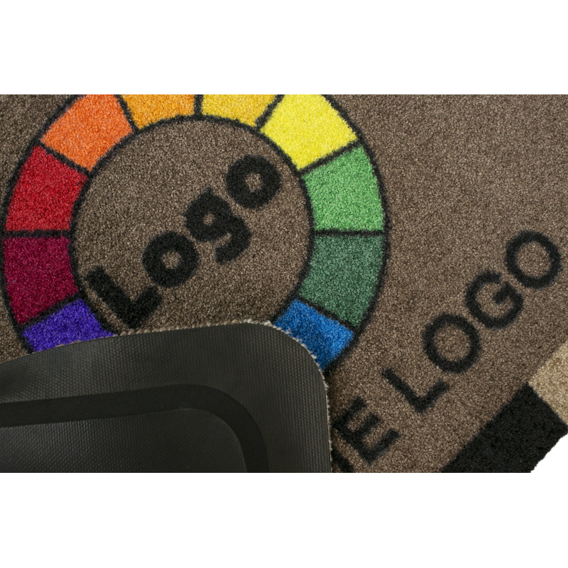 Détail de la personnalisation haute définition et nuancier de 44 couleurs pour tapis de sol