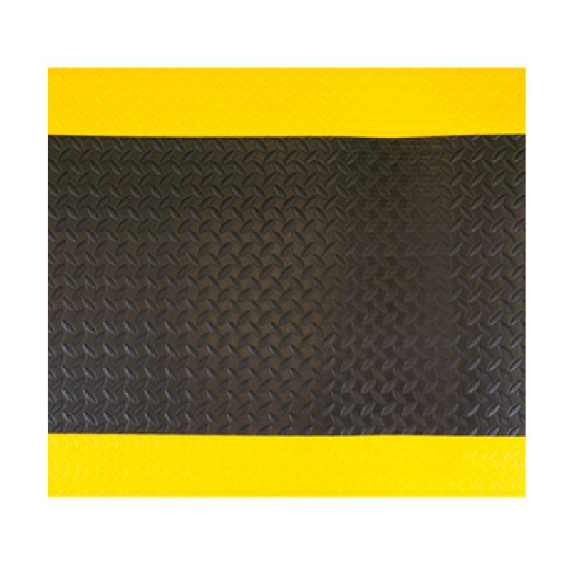 Tapis antifatigue antidérapante avec bordures de sécurité jaunes pour une prévention optimale des chutes.