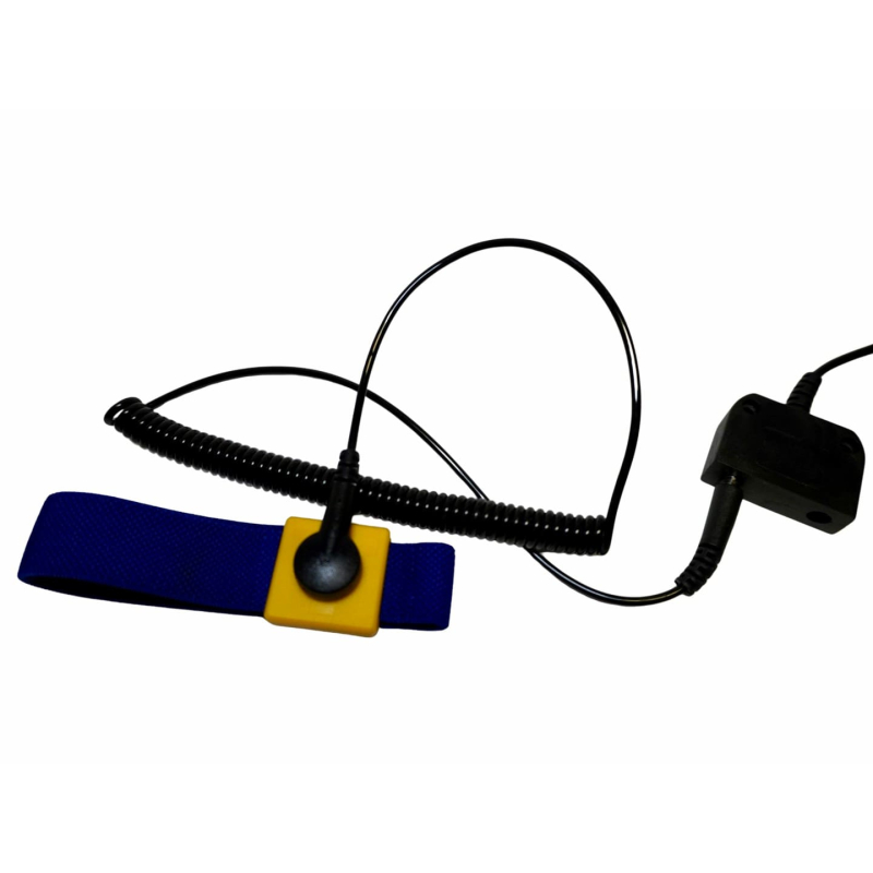 Protection antistatique complète avec bracelet et cordon spiralé de mise à la terre pour poste de travail ESD.